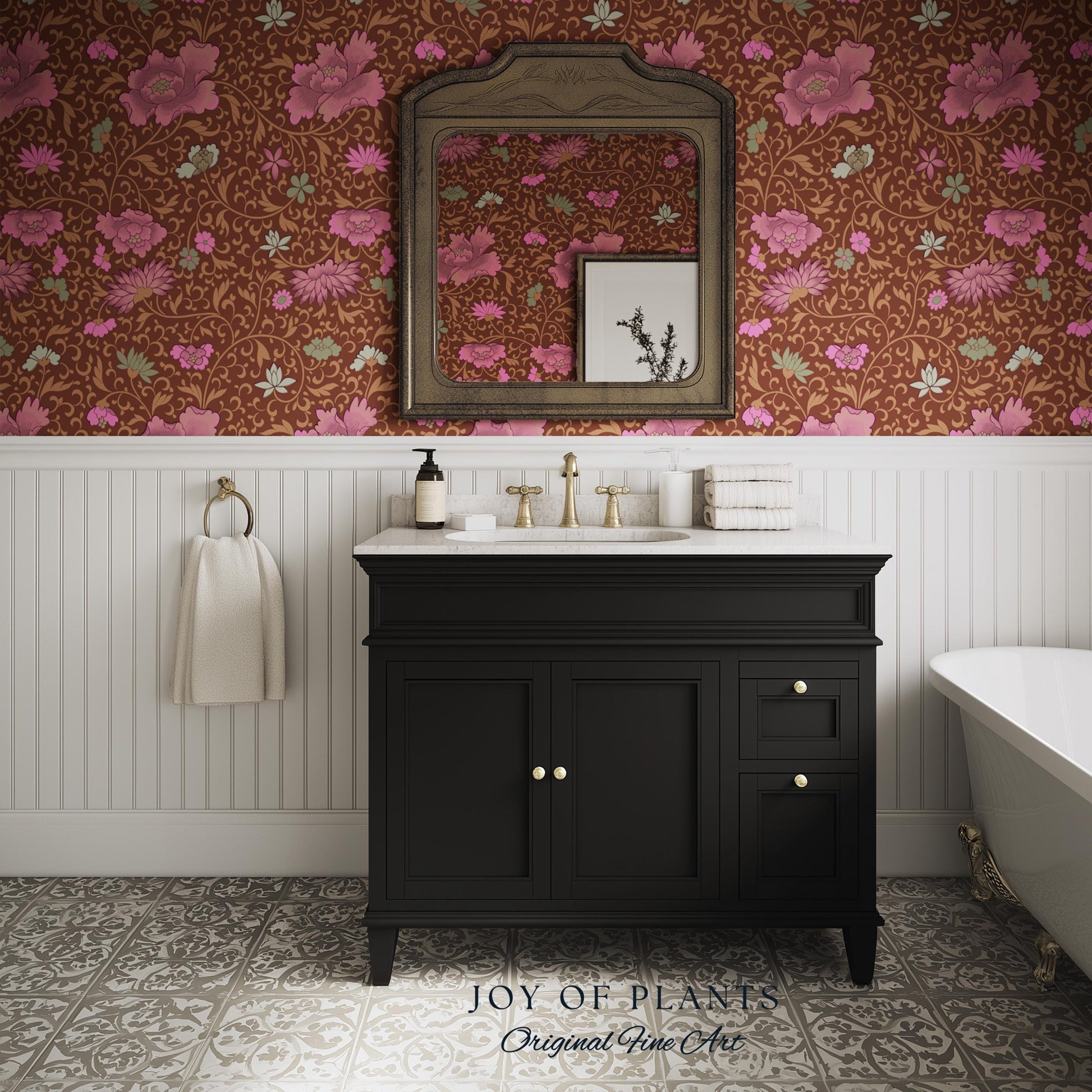 Bohemian Folk Ornamental Wallpaper | Retro Mid-Century Cottage Wall Art Renter Friendly Mauve Maximalist Peel and Stick Floral Chinoiserie