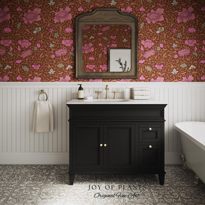 Bohemian Folk Ornamental Wallpaper | Retro Mid-Century Cottage Wall Art Renter Friendly Mauve Maximalist Peel and Stick Floral Chinoiserie