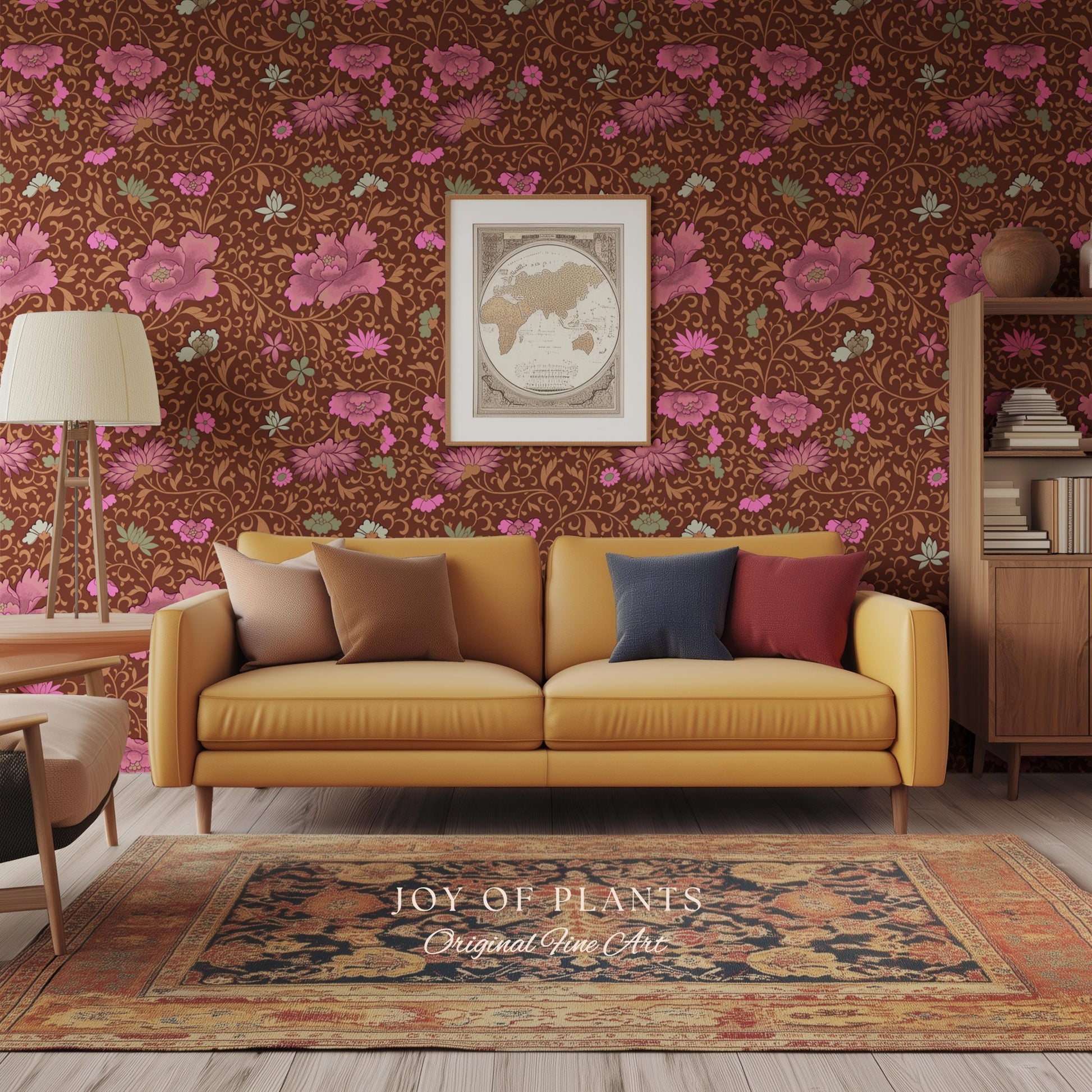 Bohemian Folk Ornamental Wallpaper | Retro Mid-Century Cottage Wall Art Renter Friendly Mauve Maximalist Peel and Stick Floral Chinoiserie