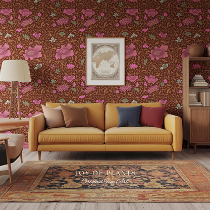 Bohemian Folk Ornamental Wallpaper | Retro Mid-Century Cottage Wall Art Renter Friendly Mauve Maximalist Peel and Stick Floral Chinoiserie