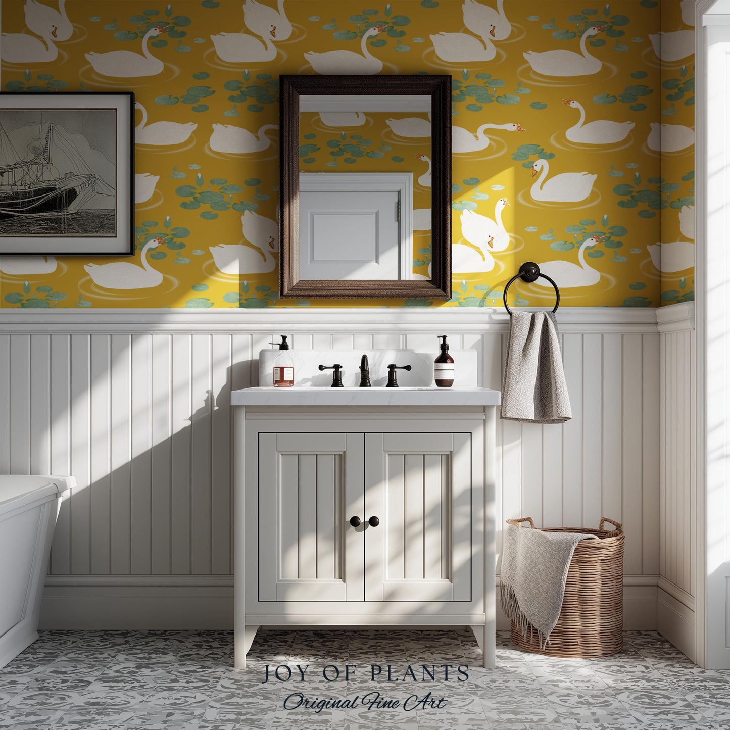 White Swans Modern Folk Wallpaper | Nursery Decor Pale Yellow Scandi Storybook Peel and Stick Lilipad Renter Friendly Calming Bathroom Art