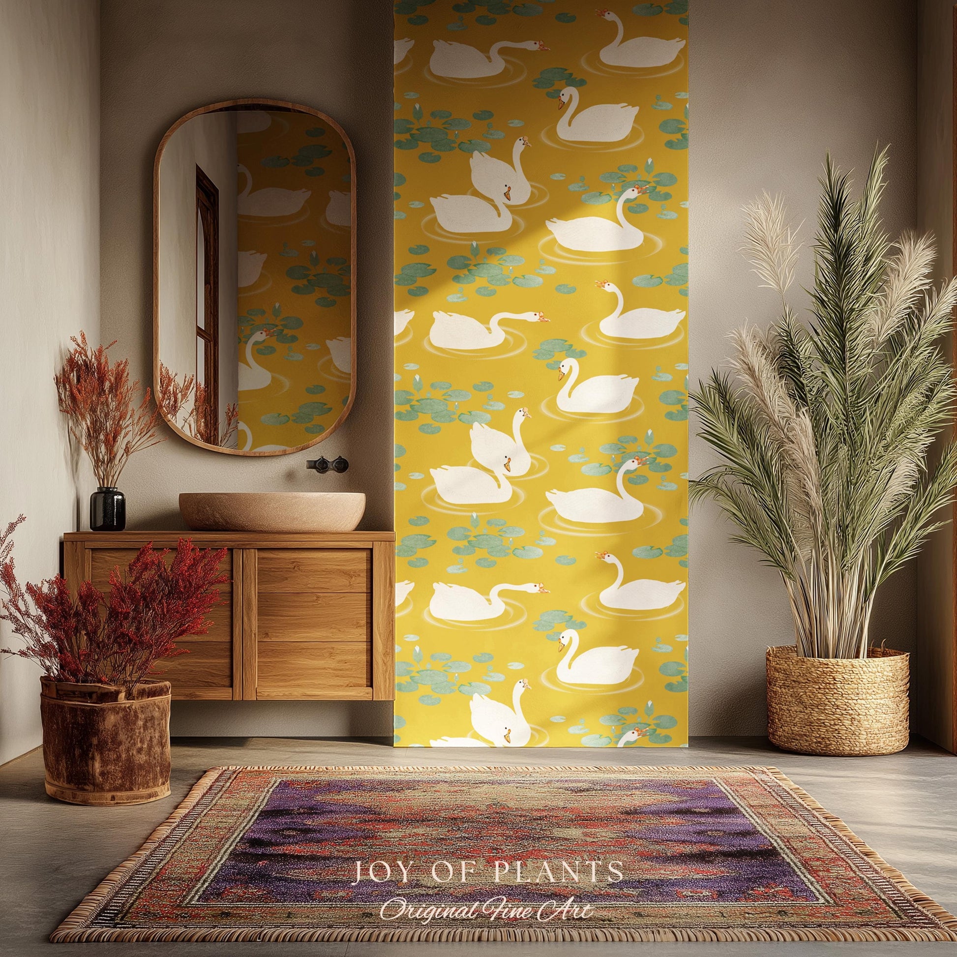 White Swans Modern Folk Wallpaper | Nursery Decor Pale Yellow Scandi Storybook Peel and Stick Lilipad Renter Friendly Calming Bathroom Art