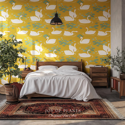 White Swans Modern Folk Wallpaper | Nursery Decor Pale Yellow Scandi Storybook Peel and Stick Lilipad Renter Friendly Calming Bathroom Art