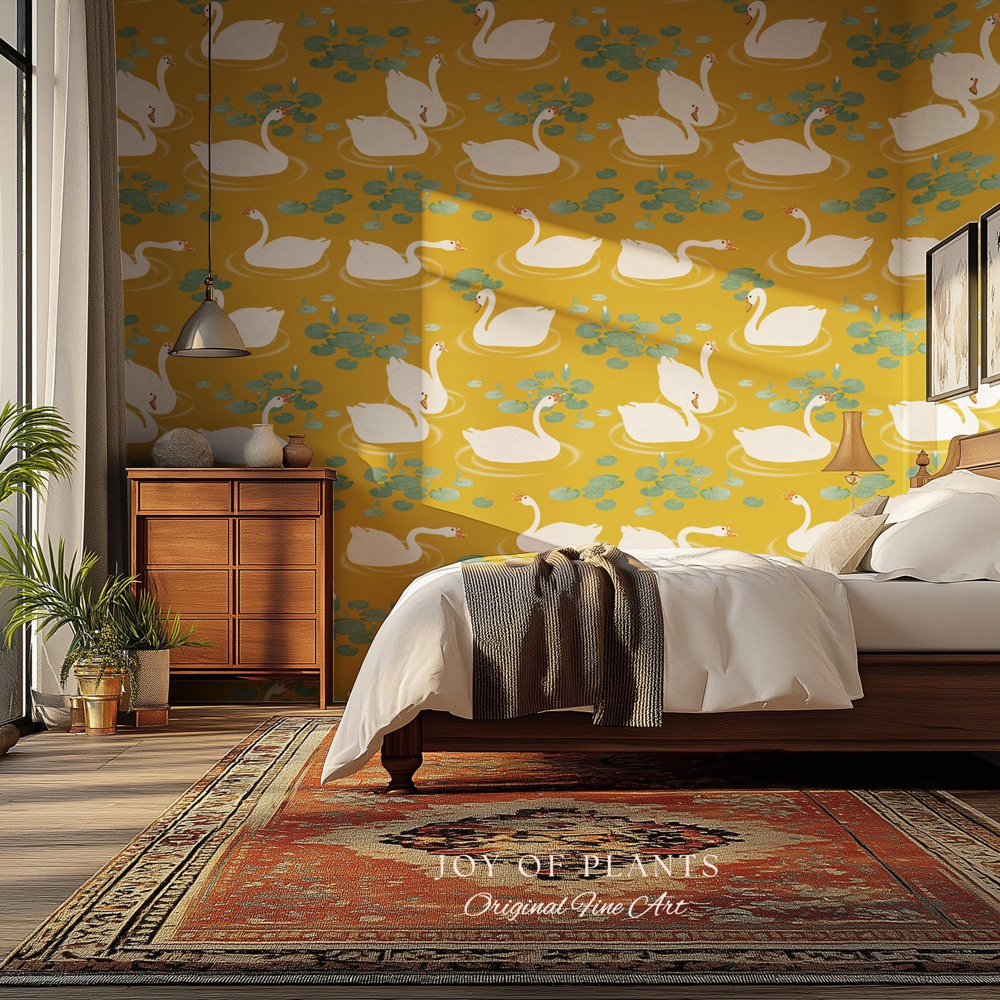 White Swans Modern Folk Wallpaper | Nursery Decor Pale Yellow Scandi Storybook Peel and Stick Lilipad Renter Friendly Calming Bathroom Art