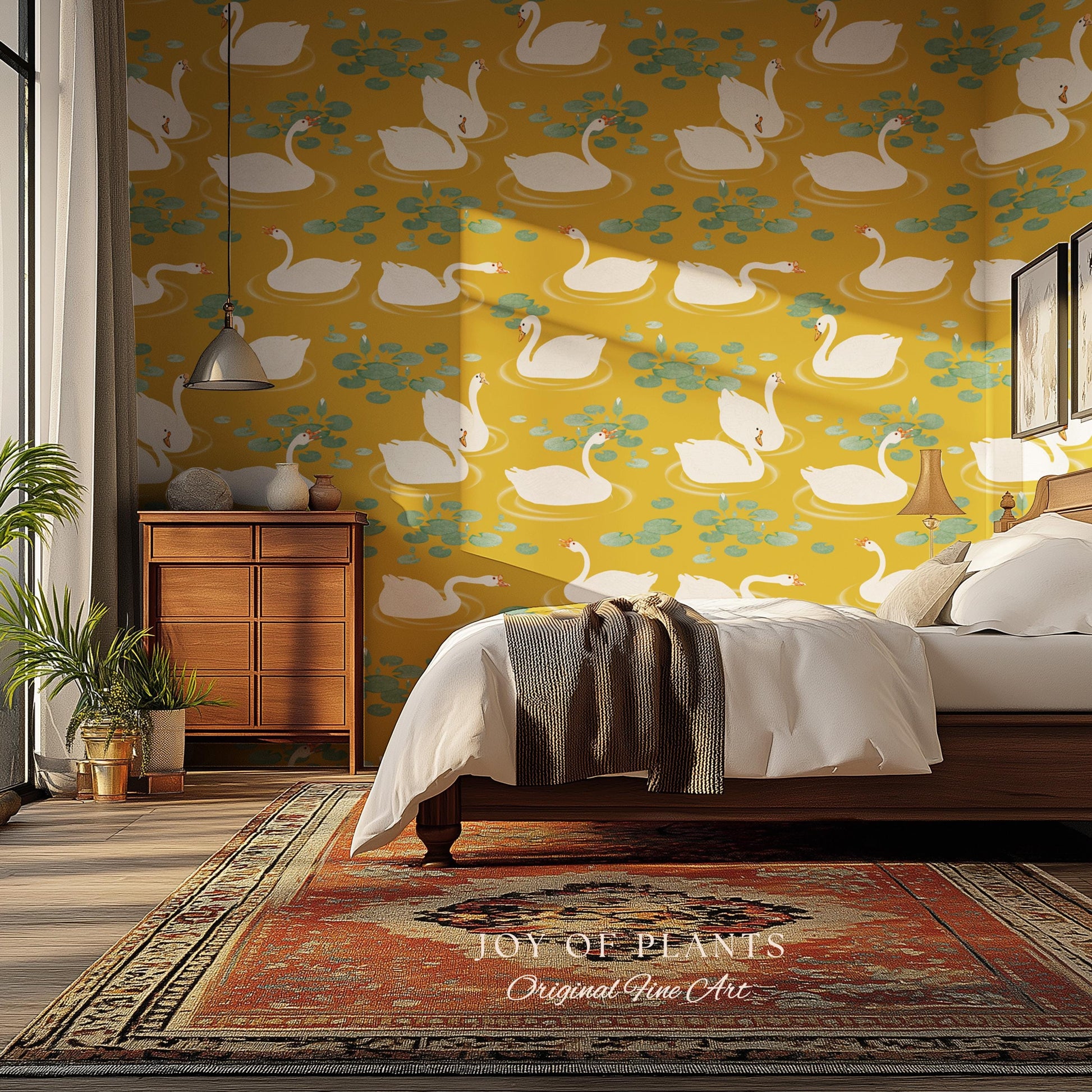 White Swans Modern Folk Wallpaper | Nursery Decor Pale Yellow Scandi Storybook Peel and Stick Lilipad Renter Friendly Calming Bathroom Art