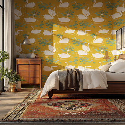 White Swans Modern Folk Wallpaper | Nursery Decor Pale Yellow Scandi Storybook Peel and Stick Lilipad Renter Friendly Calming Bathroom Art