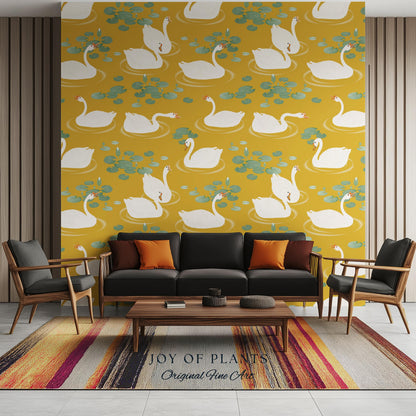 White Swans Modern Folk Wallpaper | Nursery Decor Pale Yellow Scandi Storybook Peel and Stick Lilipad Renter Friendly Calming Bathroom Art