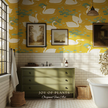 White Swans Modern Folk Wallpaper | Nursery Decor Pale Yellow Scandi Storybook Peel and Stick Lilipad Renter Friendly Calming Bathroom Art