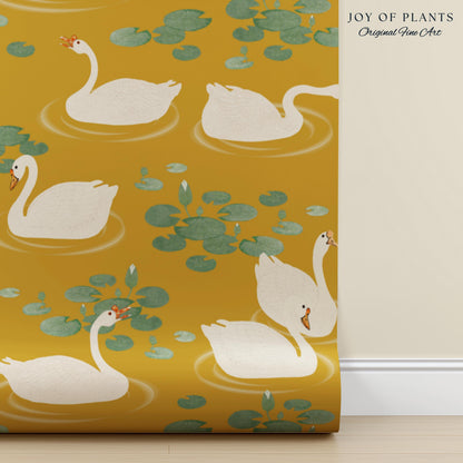White Swans Modern Folk Wallpaper | Nursery Decor Pale Yellow Scandi Storybook Peel and Stick Lilipad Renter Friendly Calming Bathroom Art