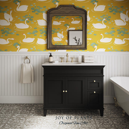 White Swans Modern Folk Wallpaper | Nursery Decor Pale Yellow Scandi Storybook Peel and Stick Lilipad Renter Friendly Calming Bathroom Art