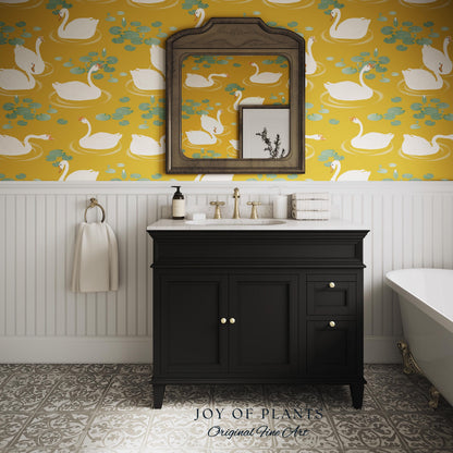 White Swans Modern Folk Wallpaper | Nursery Decor Pale Yellow Scandi Storybook Peel and Stick Lilipad Renter Friendly Calming Bathroom Art