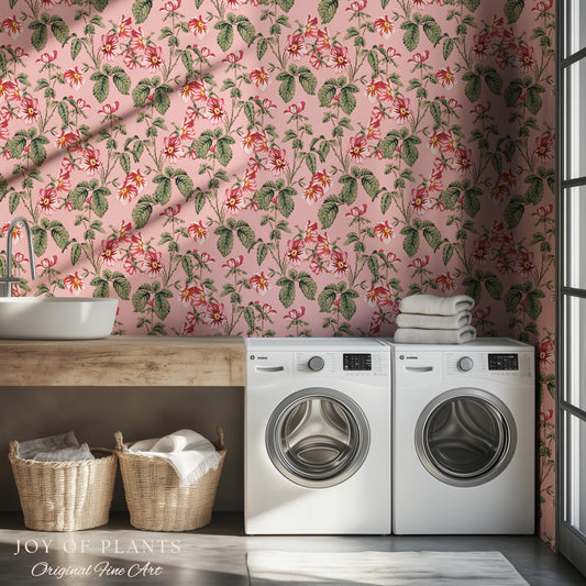 Soft Blush Pink Wallpaper | English Garden Heritage Print Vintage Cottage Renter Friendly Victorian Coquette Coral Botanical Heritage Print