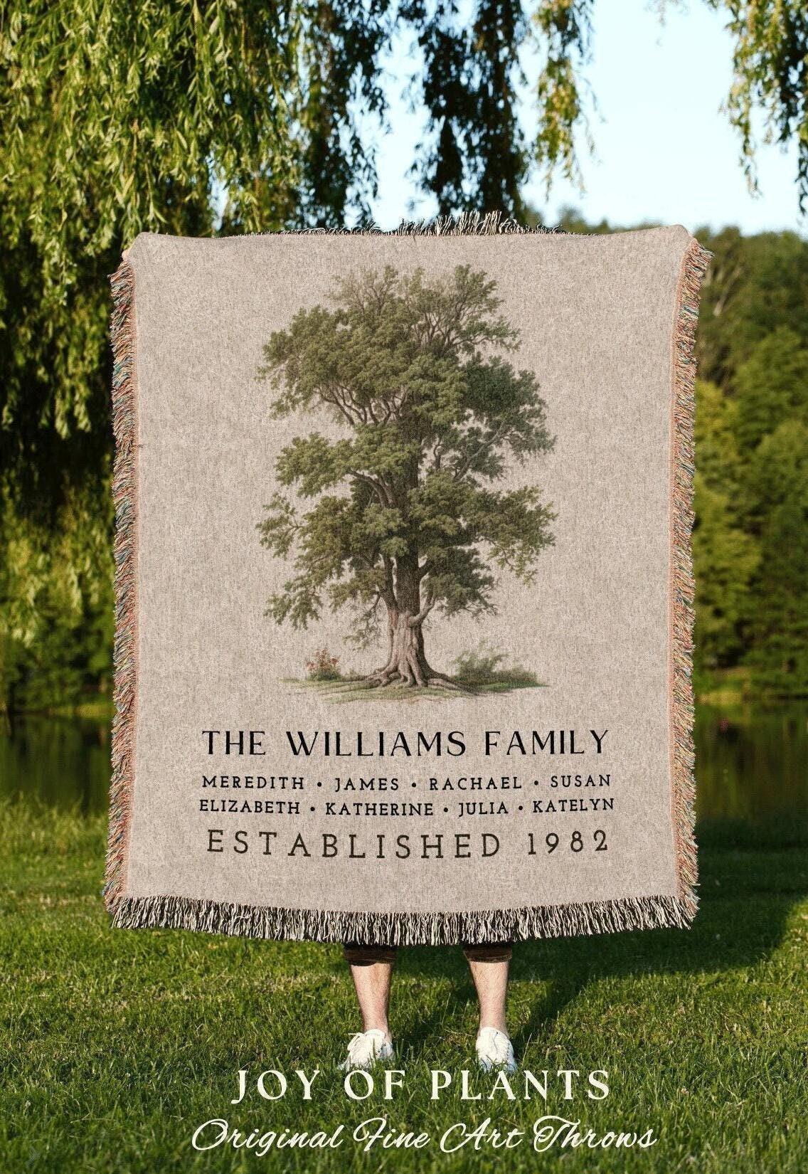 May include: A beige throw blanket with a detailed tree illustration. The blanket features the text "THE WILLIAMS FAMILY" with names and "ESTABLISHED 1982". The bottom reads "JOY OF PLANTS Original Fine Art Throws".