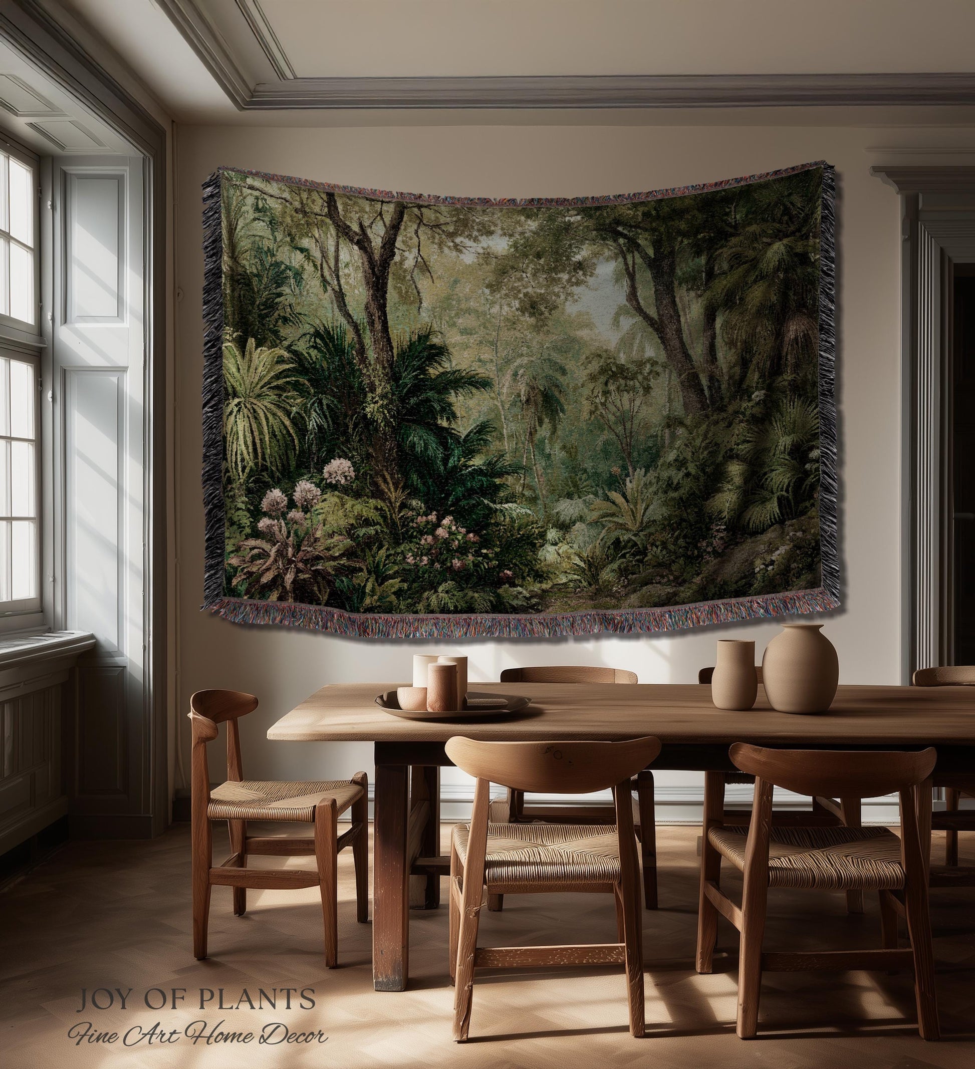 Lush Earthy Maximalist Tapestry | Verdure Woodland Scenery Woven Throw Blanket Jungle Botanical Foliage Vintage Nature Tropical Rainforest
