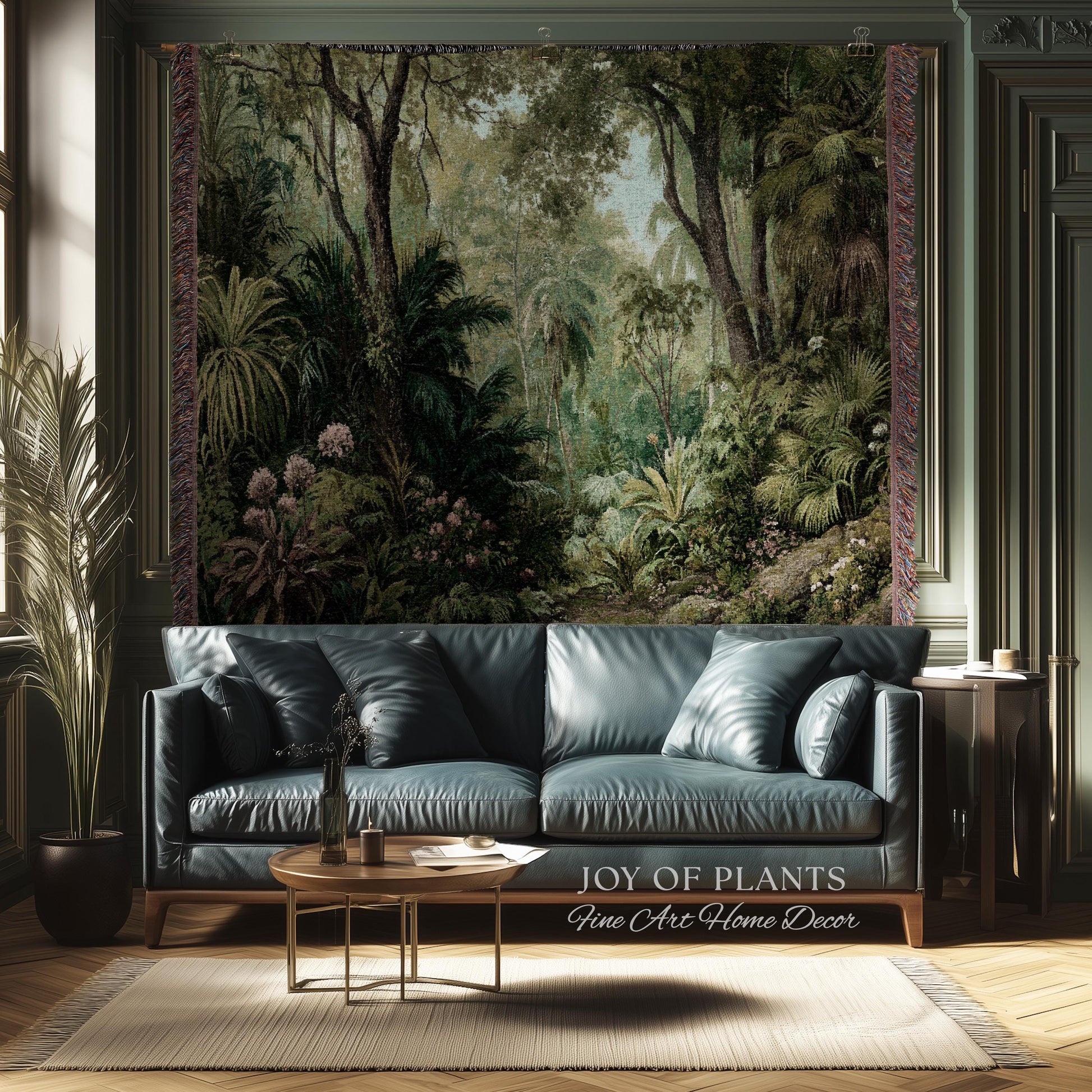 Lush Earthy Maximalist Tapestry | Verdure Woodland Scenery Woven Throw Blanket Jungle Botanical Foliage Vintage Nature Tropical Rainforest