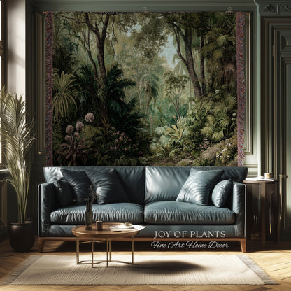 Lush Earthy Maximalist Tapestry | Verdure Woodland Scenery Woven Throw Blanket Jungle Botanical Foliage Vintage Nature Tropical Rainforest