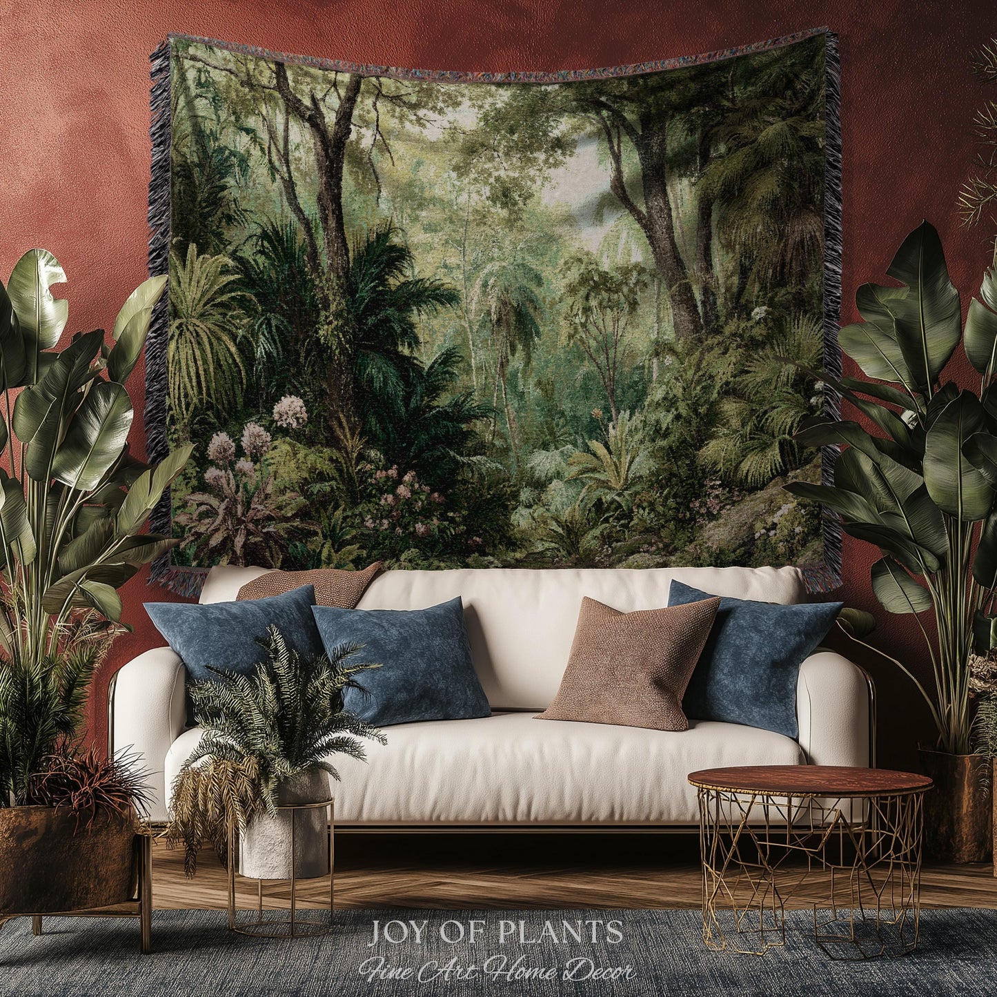 Lush Earthy Maximalist Tapestry | Verdure Woodland Scenery Woven Throw Blanket Jungle Botanical Foliage Vintage Nature Tropical Rainforest