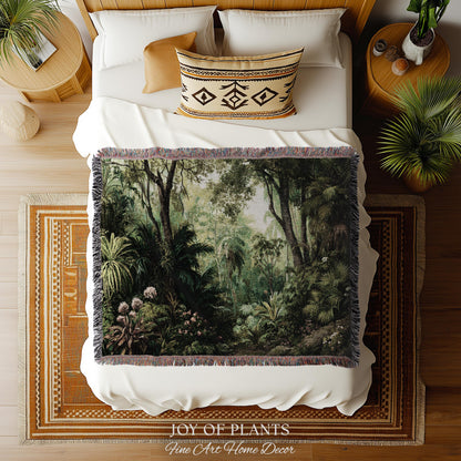 Lush Earthy Maximalist Tapestry | Verdure Woodland Scenery Woven Throw Blanket Jungle Botanical Foliage Vintage Nature Tropical Rainforest