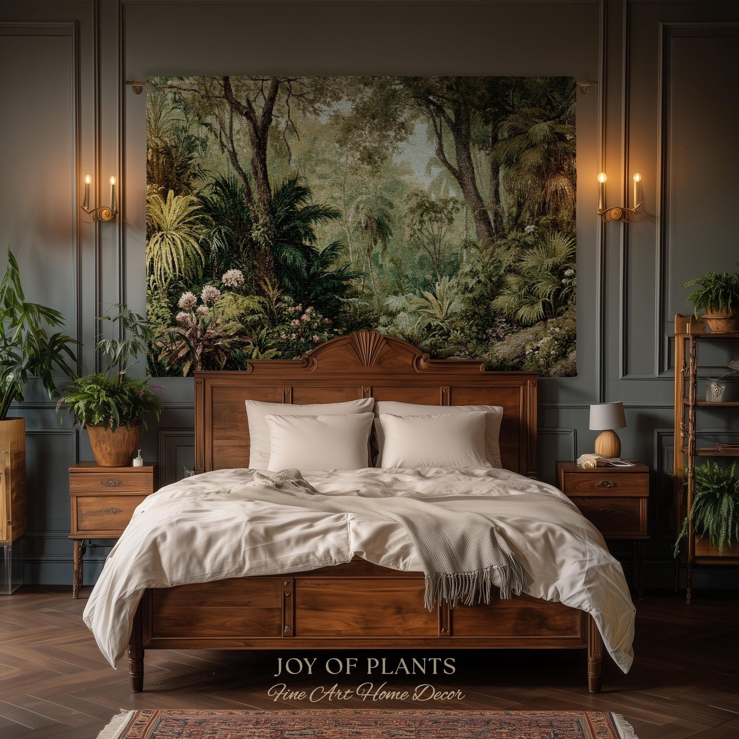 Lush Earthy Maximalist Tapestry | Verdure Woodland Scenery Woven Throw Blanket Jungle Botanical Foliage Vintage Nature Tropical Rainforest