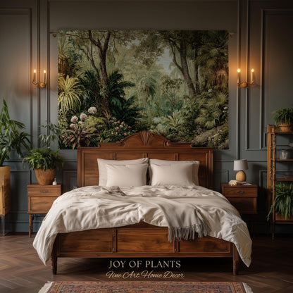 Lush Earthy Maximalist Tapestry | Verdure Woodland Scenery Woven Throw Blanket Jungle Botanical Foliage Vintage Nature Tropical Rainforest