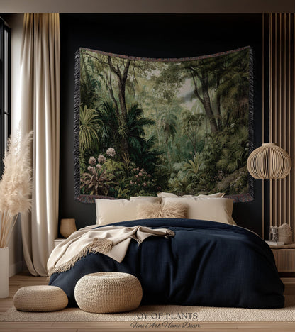 Lush Earthy Maximalist Tapestry | Verdure Woodland Scenery Woven Throw Blanket Jungle Botanical Foliage Vintage Nature Tropical Rainforest