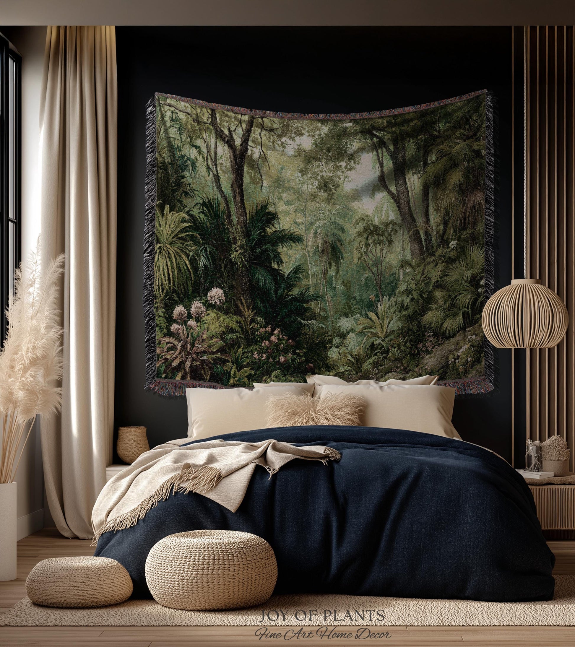 Lush Earthy Maximalist Tapestry | Verdure Woodland Scenery Woven Throw Blanket Jungle Botanical Foliage Vintage Nature Tropical Rainforest
