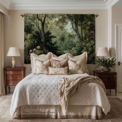 Lush Earthy Maximalist Tapestry | Verdure Woodland Scenery Woven Throw Blanket Jungle Botanical Foliage Vintage Nature Tropical Rainforest