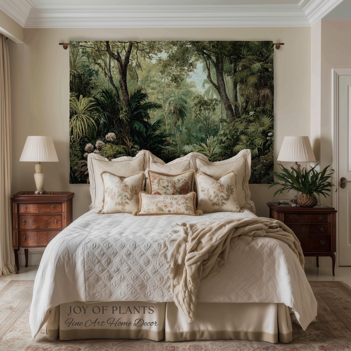 Lush Earthy Maximalist Tapestry | Verdure Woodland Scenery Woven Throw Blanket Jungle Botanical Foliage Vintage Nature Tropical Rainforest