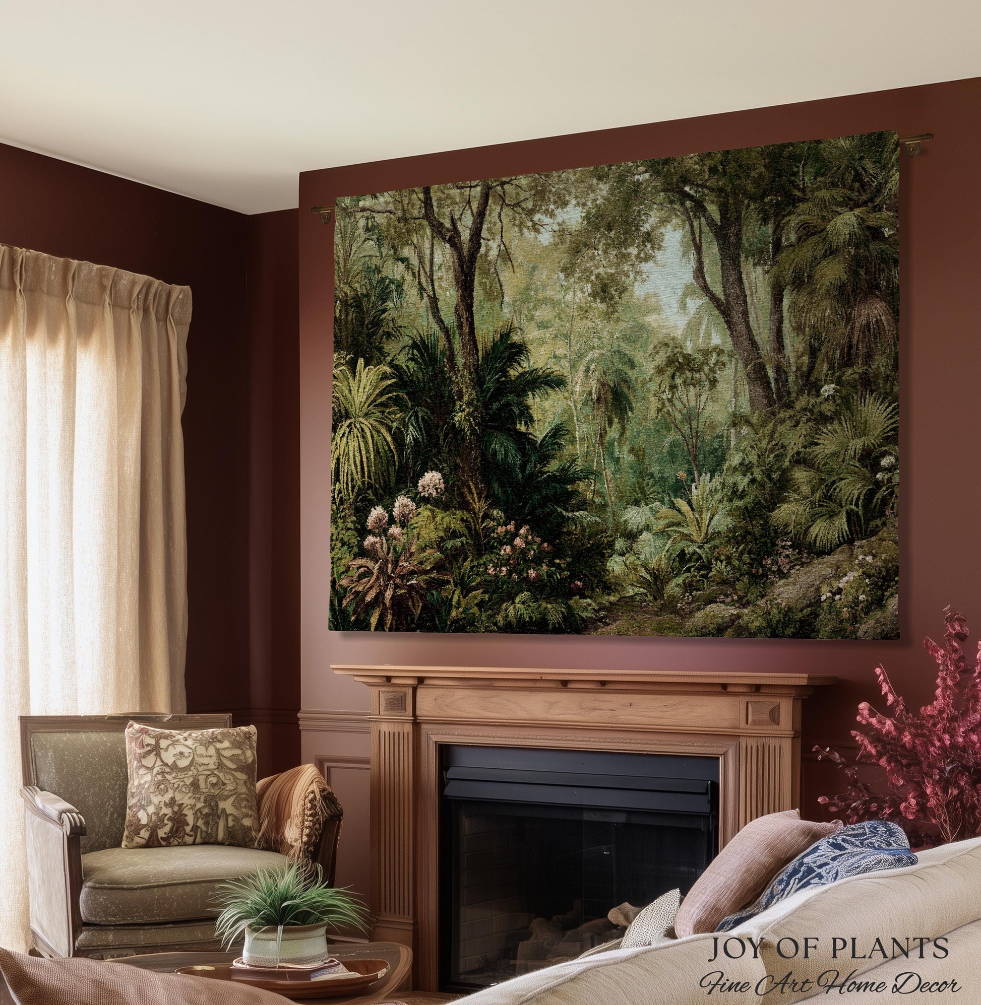 Lush Earthy Maximalist Tapestry | Verdure Woodland Scenery Woven Throw Blanket Jungle Botanical Foliage Vintage Nature Tropical Rainforest