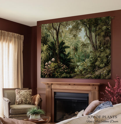 Lush Earthy Maximalist Tapestry | Verdure Woodland Scenery Woven Throw Blanket Jungle Botanical Foliage Vintage Nature Tropical Rainforest