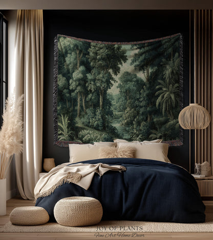 Old World Jungle Realism Tapestry | Victorian Botanical Atmospheric Forest Woven Throw Blanket Green Nature French Greenery Wall Art Earthy