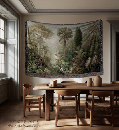 Misty Muted Tropical Greenery Tapestry | Vintage Palm Landscape Old World Jungle Woven Throw Blanket Verdure Jacquard Lush Wall Art