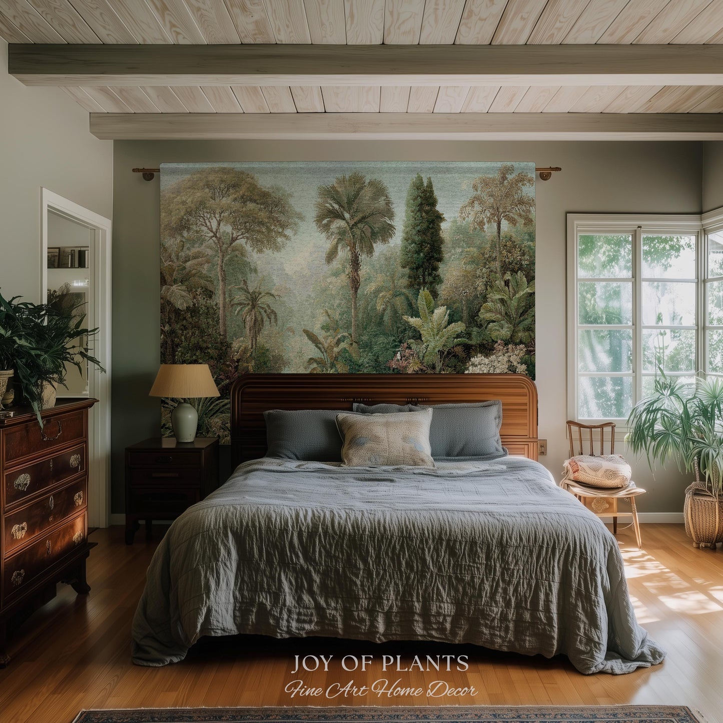 Misty Muted Tropical Greenery Tapestry | Vintage Palm Landscape Old World Jungle Woven Throw Blanket Verdure Jacquard Lush Wall Art
