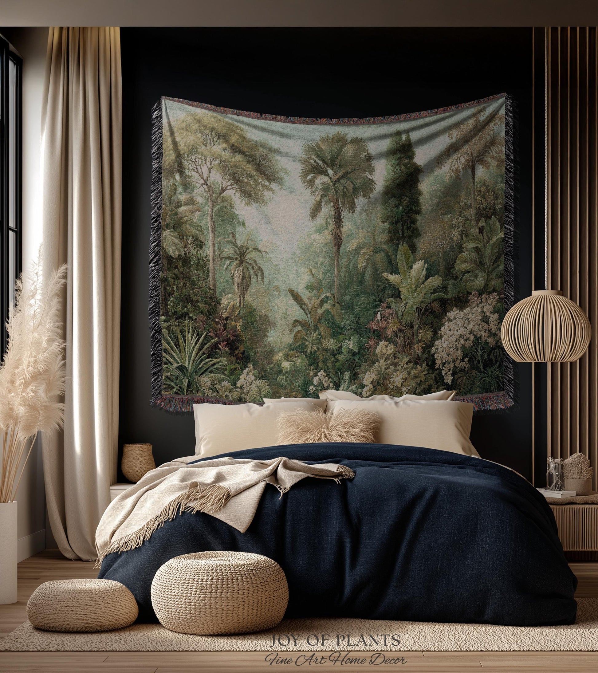 Misty Muted Tropical Greenery Tapestry | Vintage Palm Landscape Old World Jungle Woven Throw Blanket Verdure Jacquard Lush Wall Art