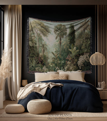 Misty Muted Tropical Greenery Tapestry | Vintage Palm Landscape Old World Jungle Woven Throw Blanket Verdure Jacquard Lush Wall Art