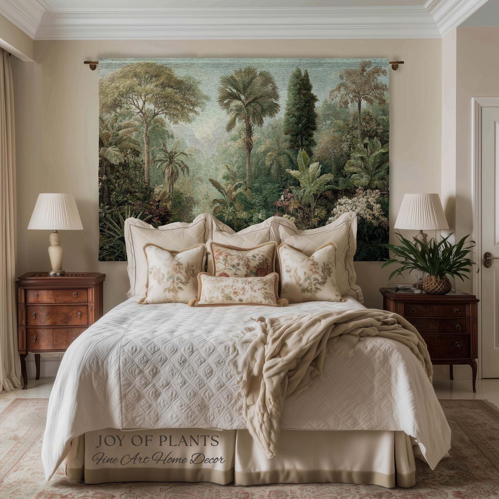 Misty Muted Tropical Greenery Tapestry | Vintage Palm Landscape Old World Jungle Woven Throw Blanket Verdure Jacquard Lush Wall Art