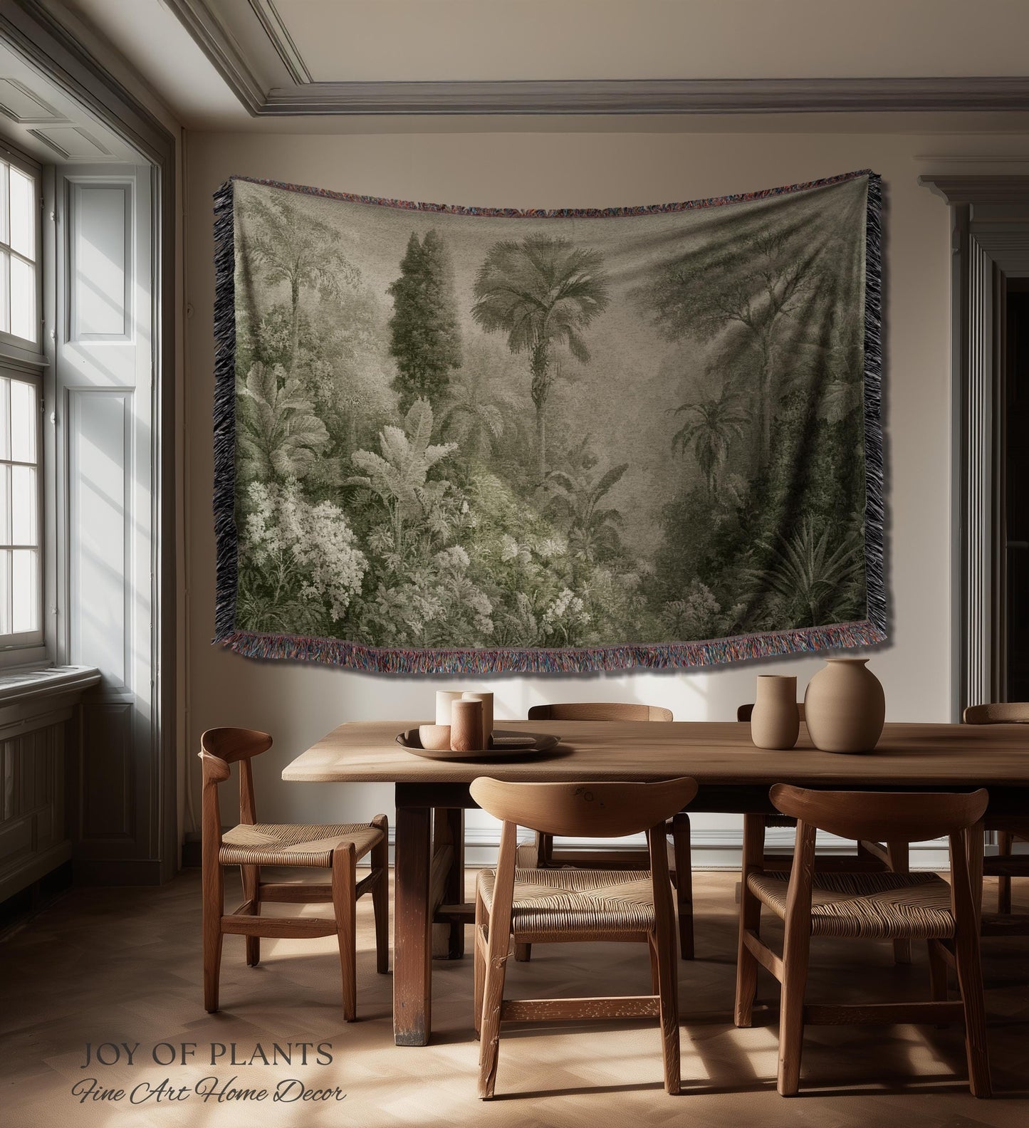 Heritage Botanical Rainforest Tapestry | Museum Textile Sage Green Romantic Woven Throw Blanket Victorian Jungle Wall Art Pastoral Trees