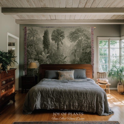 Heritage Botanical Rainforest Tapestry | Museum Textile Sage Green Romantic Woven Throw Blanket Victorian Jungle Wall Art Pastoral Trees