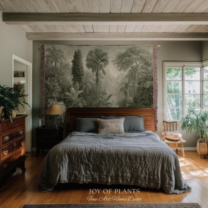 Heritage Botanical Rainforest Tapestry | Museum Textile Sage Green Romantic Woven Throw Blanket Victorian Jungle Wall Art Pastoral Trees
