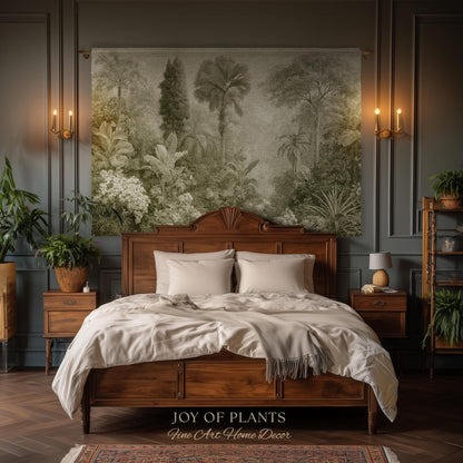 Heritage Botanical Rainforest Tapestry | Museum Textile Sage Green Romantic Woven Throw Blanket Victorian Jungle Wall Art Pastoral Trees