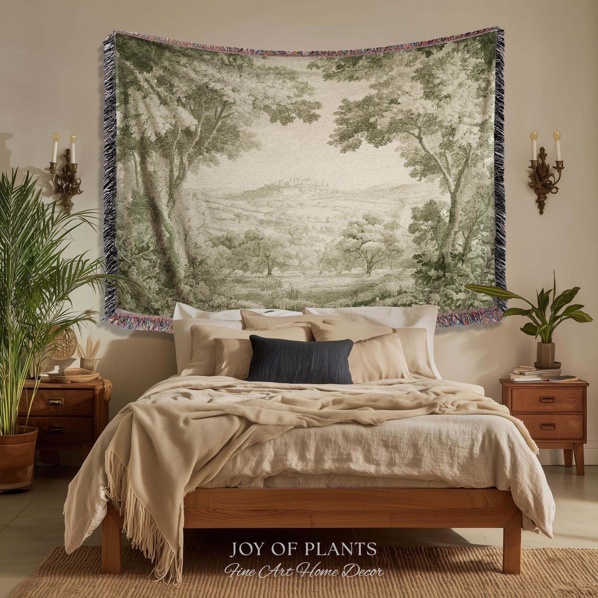 Soft Olive Pastoral Vista Tapestry | Old World Faded Textile Woodland Verdure Landscape 18th Century European Historic Countryside Blanket
