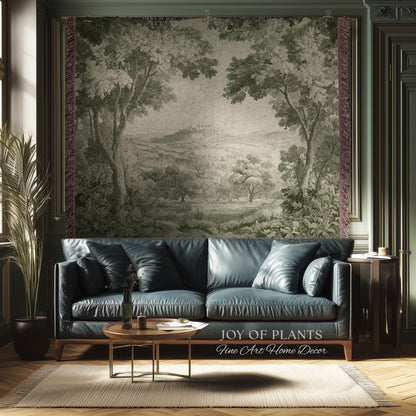 Soft Olive Pastoral Vista Tapestry | Old World Faded Textile Woodland Verdure Landscape 18th Century European Historic Countryside Blanket