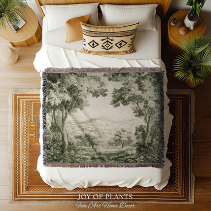 Soft Olive Pastoral Vista Tapestry | Old World Faded Textile Woodland Verdure Landscape 18th Century European Historic Countryside Blanket