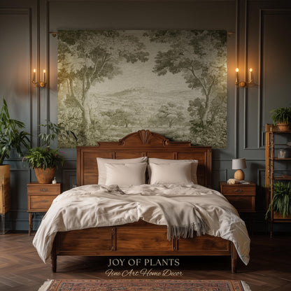 Soft Olive Pastoral Vista Tapestry | Old World Faded Textile Woodland Verdure Landscape 18th Century European Historic Countryside Blanket