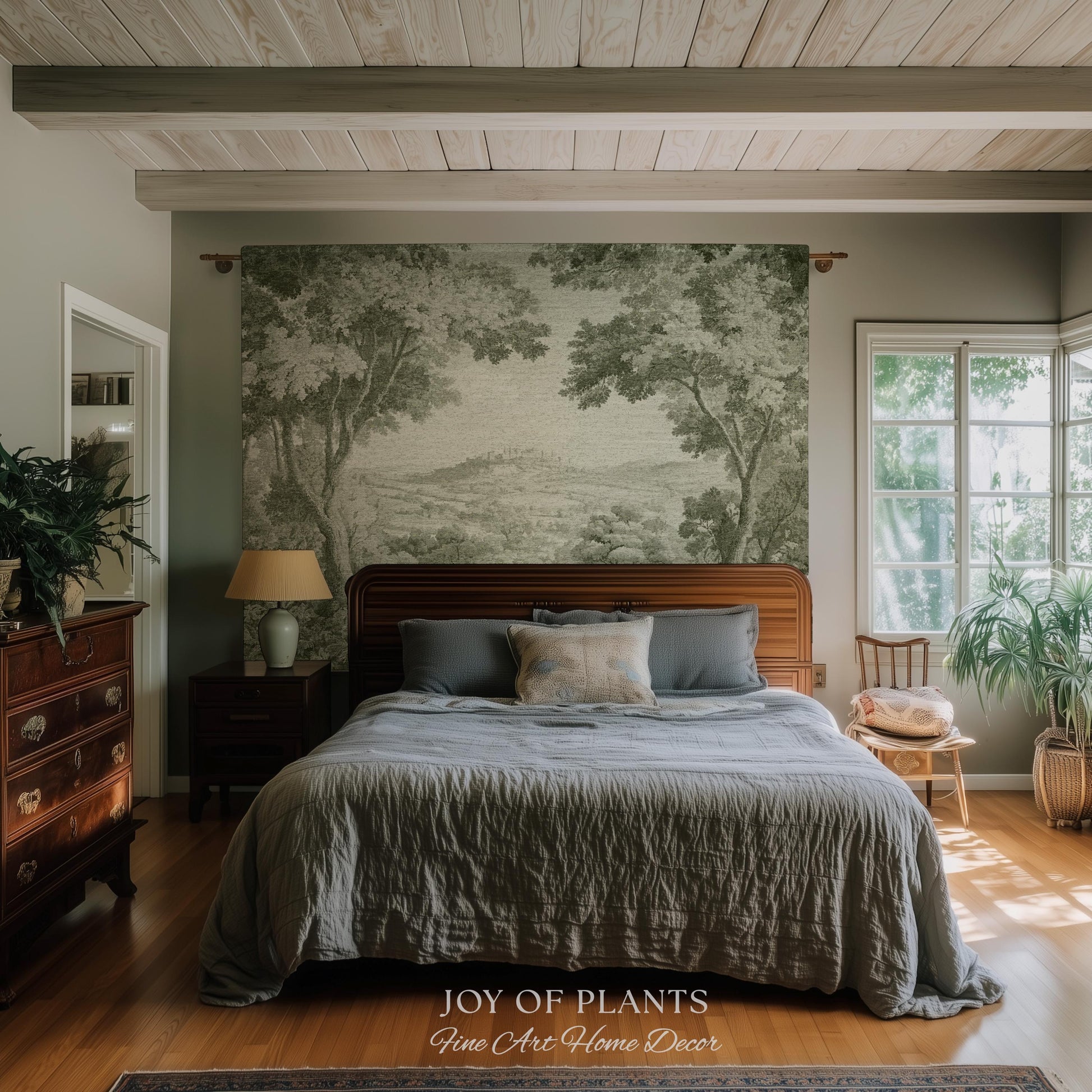 Soft Olive Pastoral Vista Tapestry | Old World Faded Textile Woodland Verdure Landscape 18th Century European Historic Countryside Blanket
