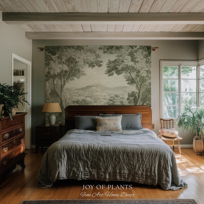 Soft Olive Pastoral Vista Tapestry | Old World Faded Textile Woodland Verdure Landscape 18th Century European Historic Countryside Blanket