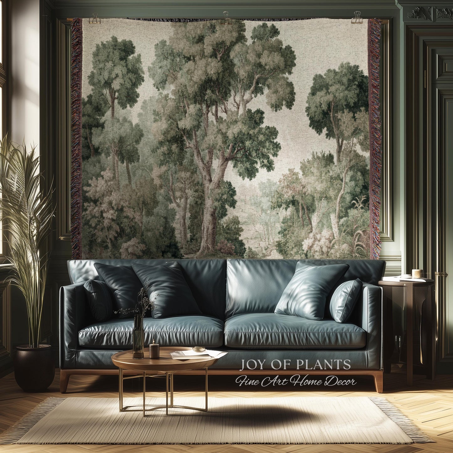 Soft Green Woodland Jacquard Tapestry | Dreamy Trees Verdure Woven Throw Blanket Light Academia Landscape Botanical Earth Tone Textile