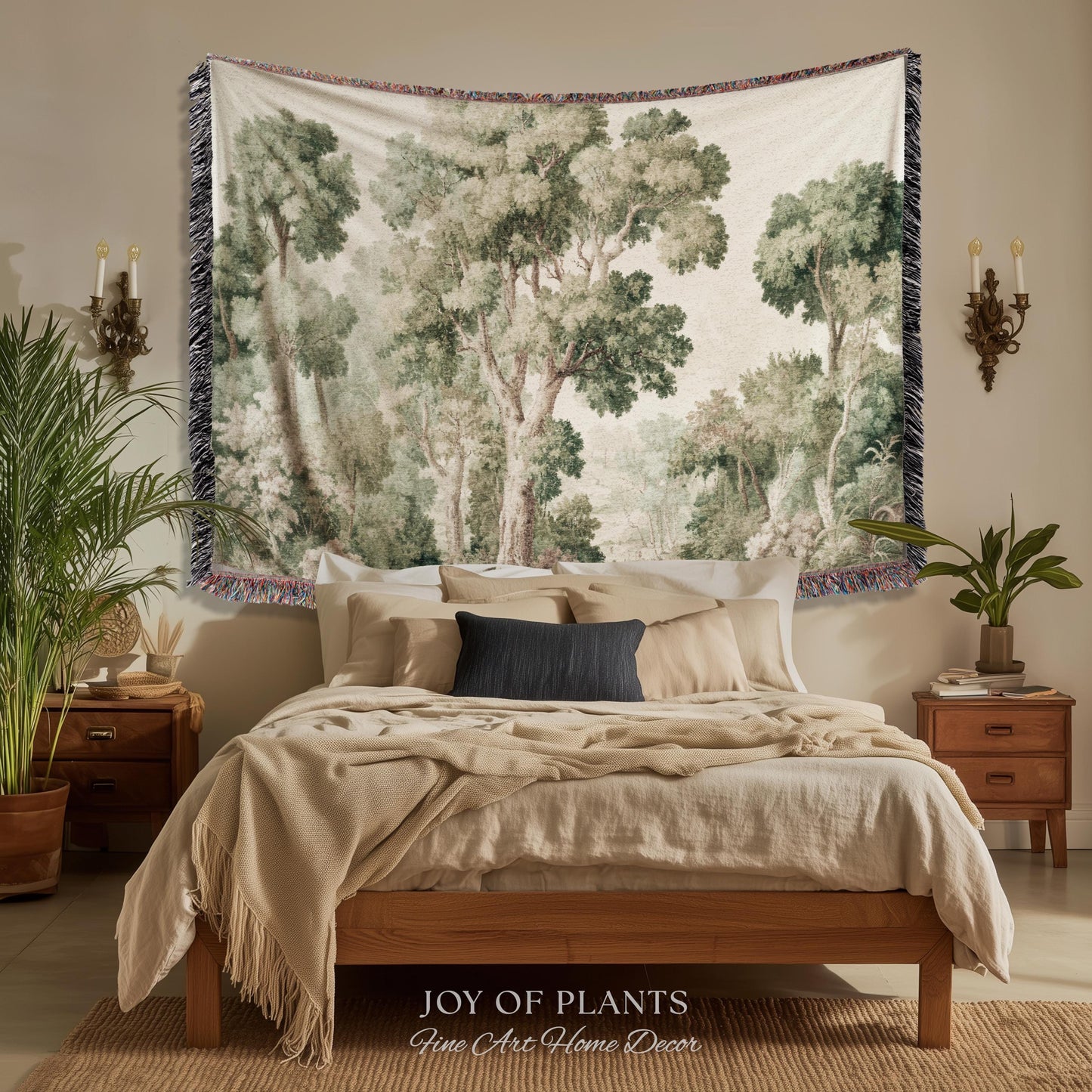 Soft Green Woodland Jacquard Tapestry | Dreamy Trees Verdure Woven Throw Blanket Light Academia Landscape Botanical Earth Tone Textile