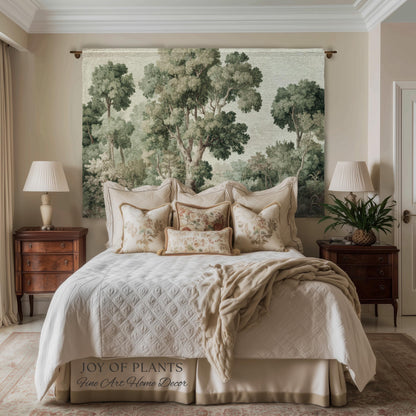 Soft Green Woodland Jacquard Tapestry | Dreamy Trees Verdure Woven Throw Blanket Light Academia Landscape Botanical Earth Tone Textile