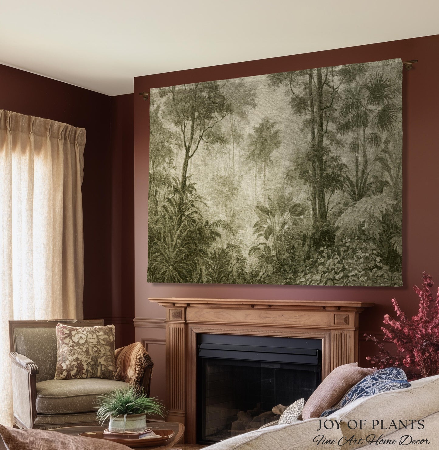 Misty Palm Jungle Monochrome Wall Textile | Vintage Naturalist Jungle Landscape Tapestry Olive Green Muted Tropical Woven Jacquard Throw